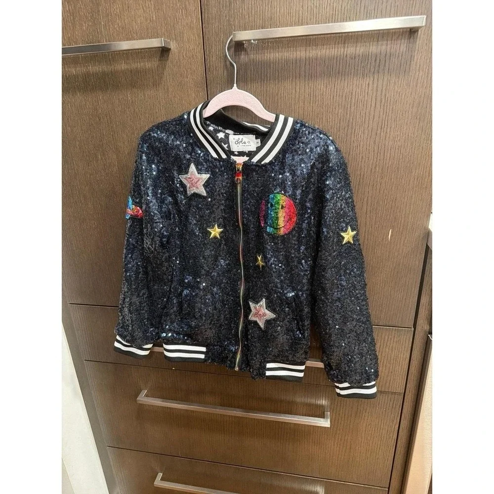 Lola + The Boys is a sequined bomber style black base smiley face girls 8
